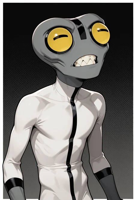 <lora:greymatter-09:1> greymatter, solo, 1boy, bodysuit, grey skin, , sharp teeth, big yellow eyes, masterpiece, best quality, amazing quality, very aesthetic, absurdres, newest,, upper body, halftone effect, white borders, abstract background:1.2,