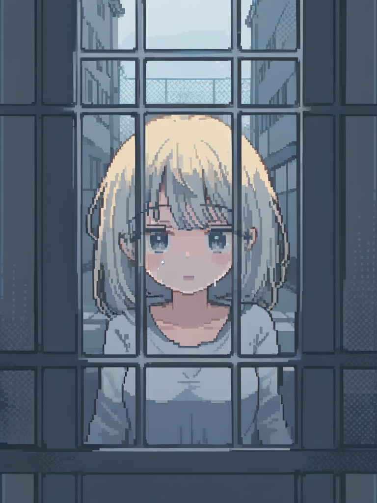 <lora:pixel style-000007:1>,pixel style,See a girl of stunning beauty, her face awash with tears, in a cell that looks out onto a bustling street. The sounds of life and freedom just beyond her reach amplify the tragedy of her confinement, as she watches the world go by, separated by the cruel barrier of her imprisonment.