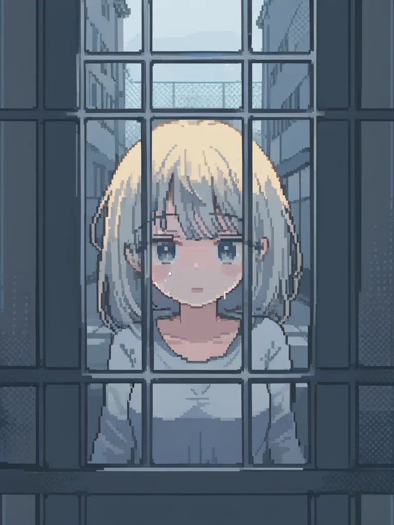 <lora:pixel style-000007:1>,pixel style,See a girl of stunning beauty, her face awash with tears, in a cell that looks out onto a bustling street. The sounds of life and freedom just beyond her reach amplify the tragedy of her confinement, as she watches the world go by, separated by the cruel barrier of her imprisonment.