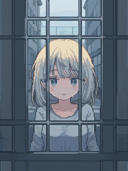 <lora:pixel style-000007:1>,pixel style,See a girl of stunning beauty, her face awash with tears, in a cell that looks out onto a bustling street. The sounds of life and freedom just beyond her reach amplify the tragedy of her confinement, as she watches the world go by, separated by the cruel barrier of her imprisonment.