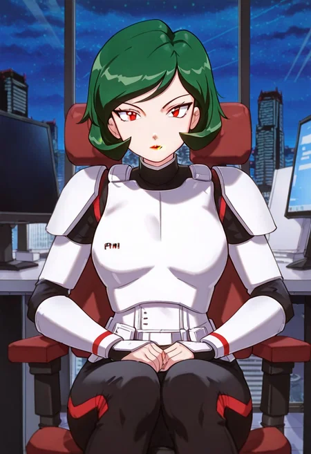 masterpiece, best quality, good quality, <lora:PMWendyIL:0.9>, PMWendy, 1girl, solo, green hair, short hair, red eyes, lipstick,stormtrooper, armor, white armor, black bodysuit, bodysuit under clothes,
looking at viewer, sitting, monitor
BREAK indoors, day, office, swivel chair, window, night sky, cityscape,
