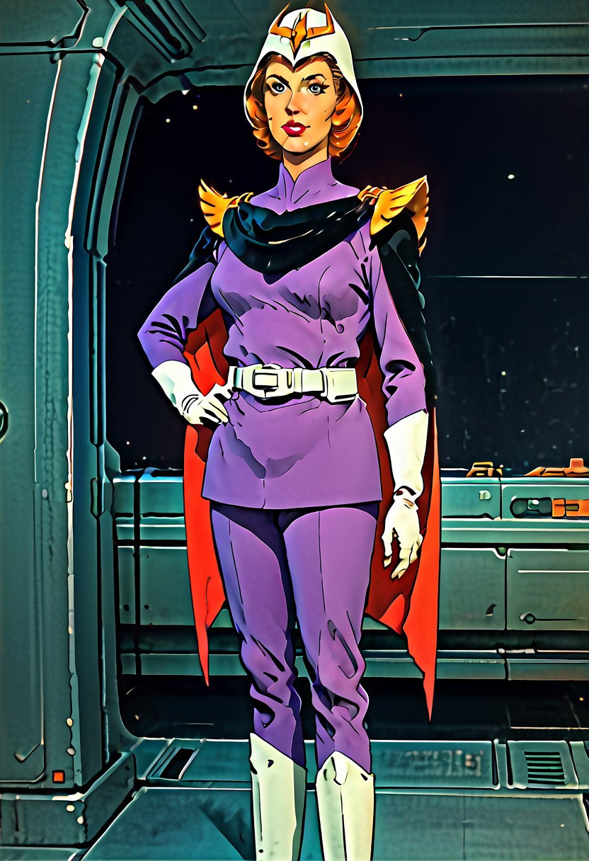 FGKycilia, 1girl, orange hair, no ears, black eyes, lipstick, solo, looking at viewer, purple military uniform, helmet, sword on hip, long sleeves, belt, cape, white gloves, pants, knee boots, spaceship interior, very ugly, average