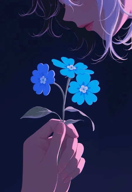 [solo, giving], forget-me-not_(flower),
(ushizaki_urumi:0.7), split-color hair, (out of frame:0.5), pensive,
(tabisumika:1.3), ushiyama_ame, (dark, realistic),
masterpiece, absurdres, newest, [dynamic pose]