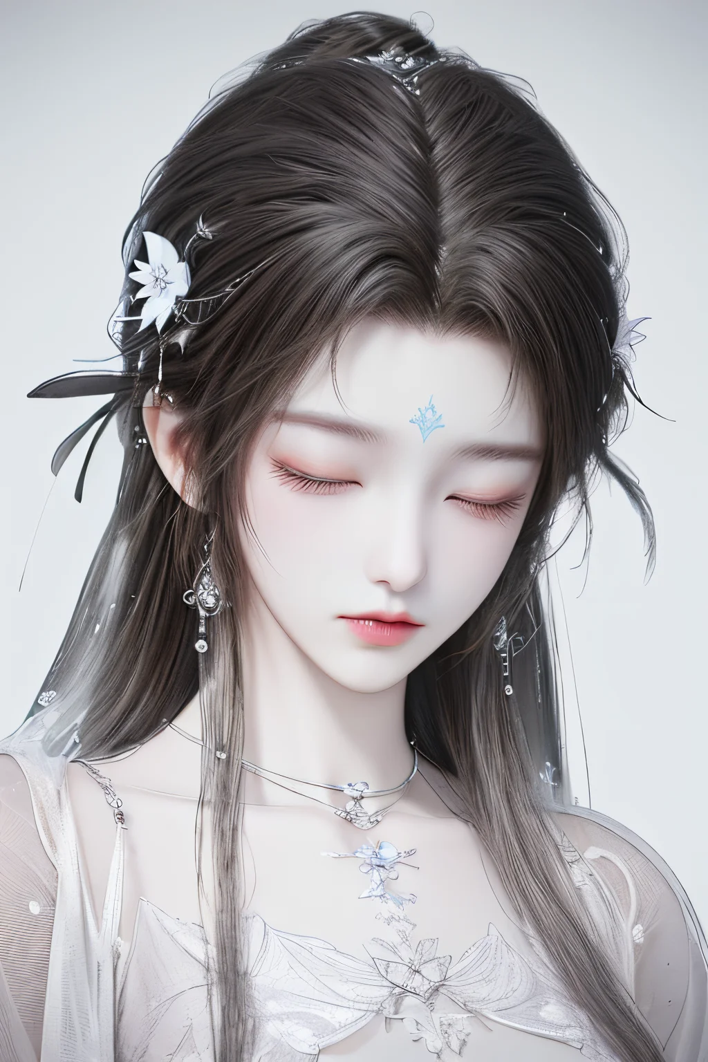 <lora:QingYiV2>,monochrome,
<lora:animeLineartMangaLike_v30MangaLike>,<lora:give it a name:0.8>,from_above,(small_breasts:1.2),(monochrome:1.5),lineart,sketch,lineart,monochrome,
qingyi,1girl,closed eyes,hair ornament,black hair,kaminary,solo,long hair,electricity,lips,lightning,topless,forehead mark,upper body,facial mark,closed mouth,bare shoulders,water,blurry background,flower,Get an electric shock,, best quality , masterpiece, illustration, an extremely delicate and beautiful, extremely detailed ,CG,unity,8k wallpaper, Amazing, finely detail, masterpiece, best quality,official art,extremely detailed CG unity 8k wallpaper,absurdres, incredibly absurdres, huge filesize , ultra-detailed, highres, extremely detailed,beautiful detailed girl, extremely detailed eyes and face, beautiful detailed eyes,light on face,