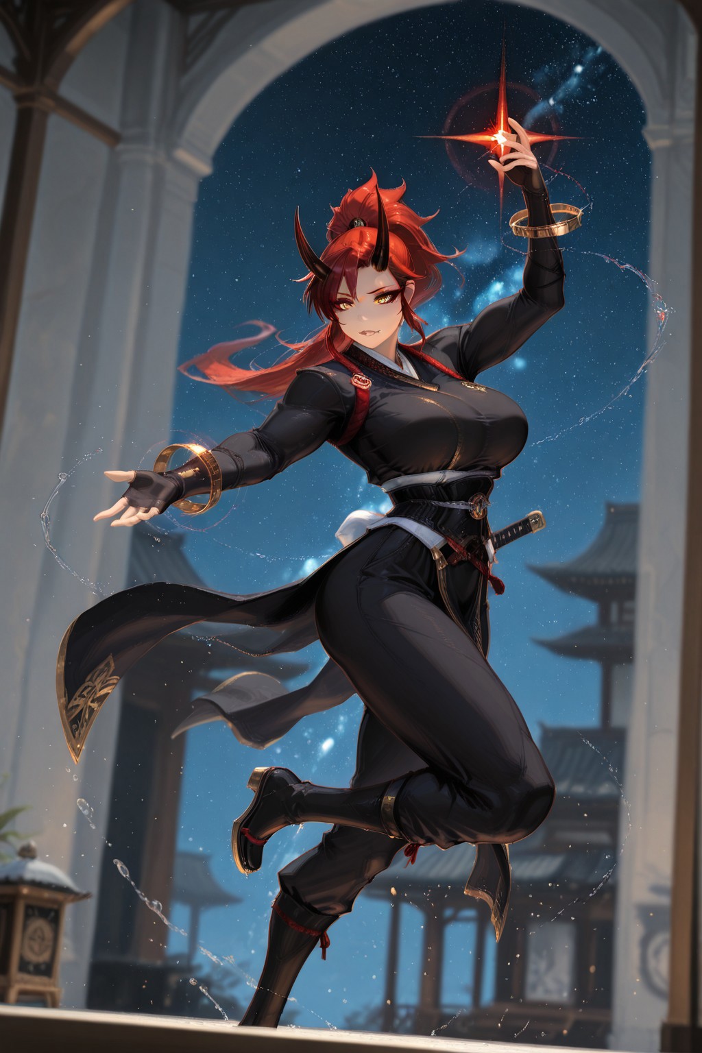 klskx, masterpiece, best quality, amazing quality,  Smooth Quality,  a mysterious starlight demon dancing for the falling stars, 
BREAK (EyesHD:1.2), (4k,8k,Ultra HD), masterpiece, best quality, ultra-detailed, very aesthetic, sharp focus, depth of field, ray tracing, best lighting, detailed illustration, detailed background, cinematic, beautiful face, beautiful eyes, 
BREAK Oni, Zeriastra, 1girl, solo, adult, tall female, golden eyes, red makeup, red hair, streaked hair, long hair ponytail, ponytail, short hairs, red and black horns, spiky horns, breasts, large round breasts, muscular
