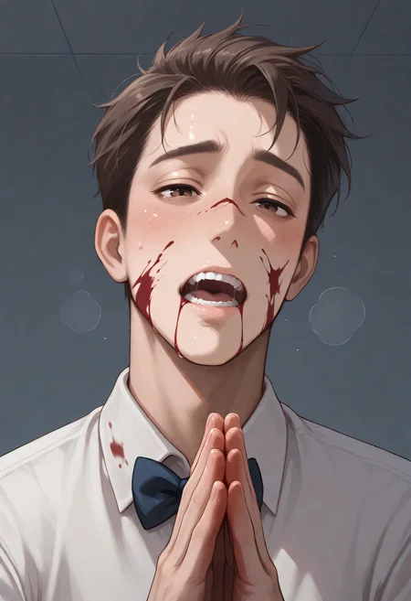 embedding:Illustrious\Positive\IllustriousQual, embedding:Illustrious\Positive\IllusP0s, 1boy, male focus, solo, tnmn_milkman, baggy eyes, brown eyes, brown hair, tilting head aside, begging, own hands together, uniform, collared shirt, bowtie, blood on face, blood on clothes, open mouth, teeth, heavy breaths, tired, upper body, best quality, masterpiece, high resolution.