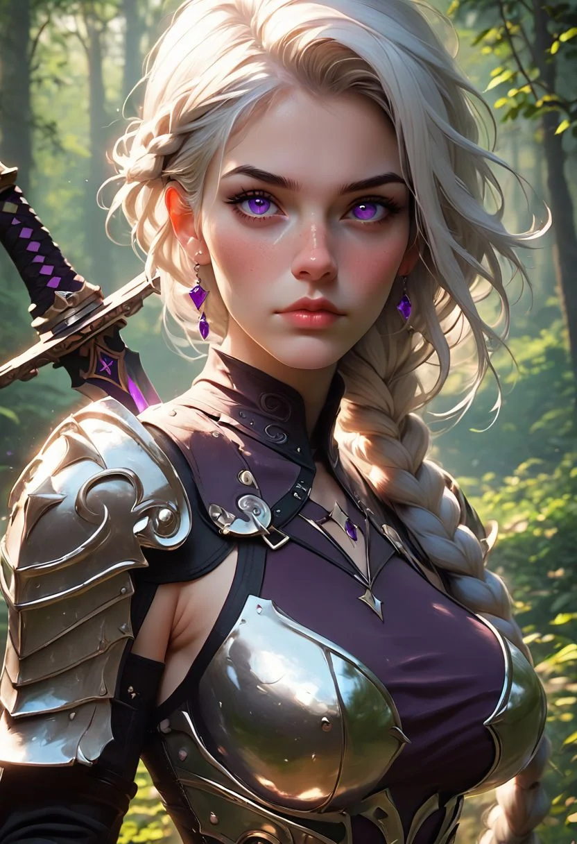 score_9, score_8_up, score_7_up, score_6_up,
1girl, beautiful, d4rkv10l3t, white hair, single braid, purple eyes, big breasts, leather armor, sword, forest, dappled sunlight, upper body, looking at viewer