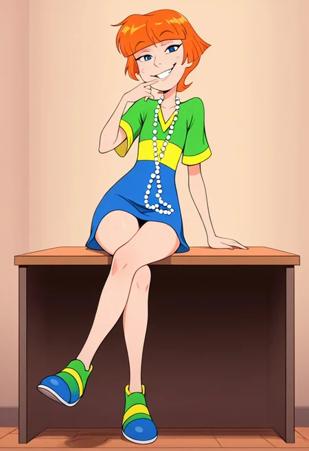 1 girl, solo, orange hair, short hair, blue eyes, large shirt, multicolored shirt, v-neck shirt, long pearl necklace, multicolored shoes, looking at viewer, smiling, seductive, teasing, flirting, sitting on desk, grin, biting lip, tugging at collar, adult, tall height, woman, sexy, crossing legs,
