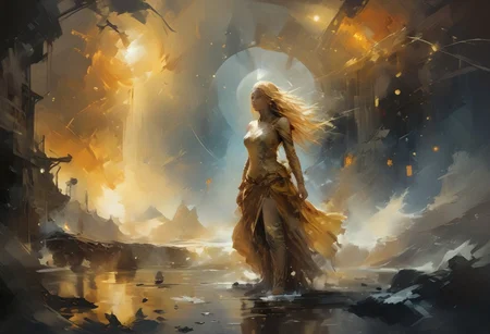 A captivating cosmic scene where Venus emerges from the ocean, waves dancing around her under a golden morning light. In the background, a starry sky serves as a canvas, with vibrant colors blending in space. Venus, shrouded in amber mist, embodies both wrath and beauty, swirling in retrograde around the blazing sun, Sol. Artistic elements suggesting a dynamic and discordant dance float around her. Illuminate this vision of a stellar future, highlighting the connection between the sea and the cosmos, with an ambiance of mystery and universal energy.