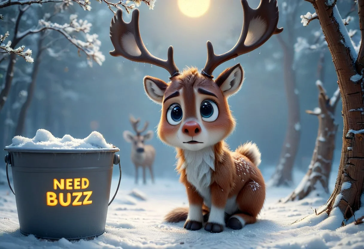 sad reindeer, ((sad)), ((begging)), ((reindeer is begging)), ((reindeer is sad)), (((empty grey bucket))), ((Sign that says "Need buzz to fly")), pixar style, tears in eyes, blizzard, buzz
highly detailed, aesthetic, great lighting, extremely detailed, award winning, perfect composition, a rich and complex image of nature, a vibrant tissue of hues and textures captured digitally, best quality, realistic, captivating, intricately detailed, hyper detailed, maximalist style, photorealist, sharp focus, dynamic lighting, superb composition, finest details, highest aesthetics, best quality, sharp focus, high contrast, stylized, clear, colorful, ultra quality, 8k, best quality, masterpiece,midjourneyv6.1
no humans, animal focus, looking at viewer, animal, (crying style), zhibi