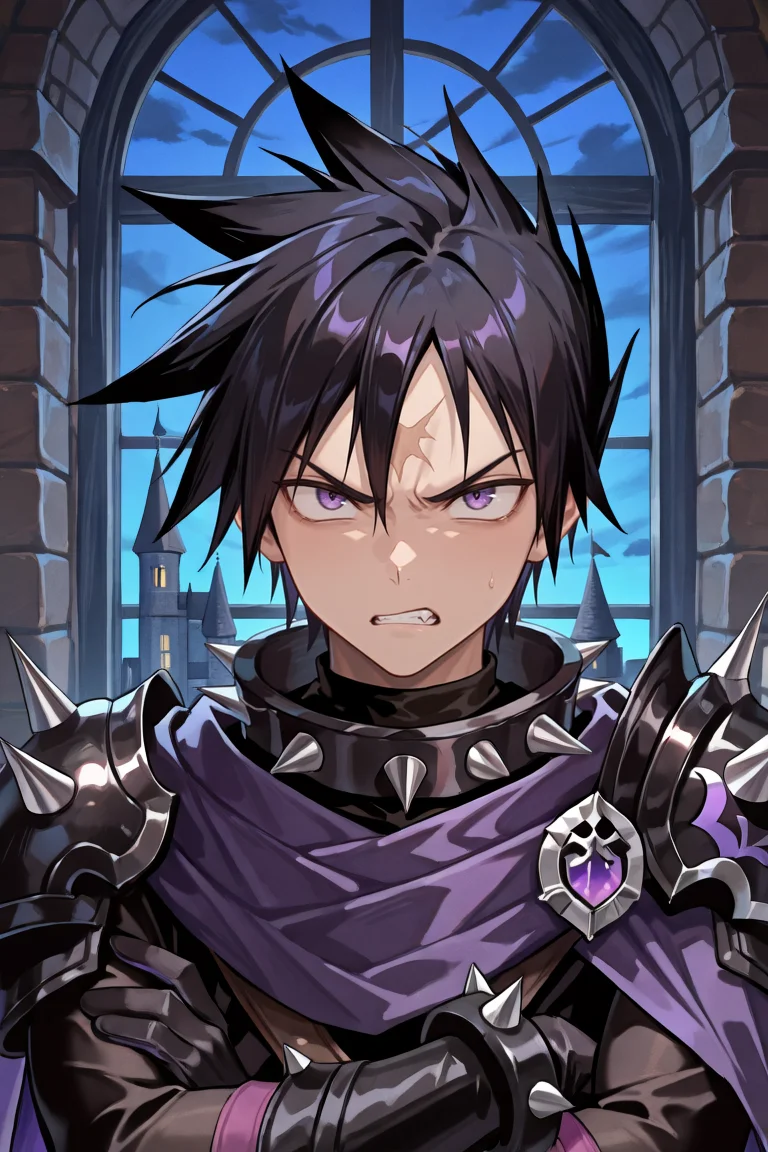 masterpiece, very aesthetic, absurdres, best quality, amazing quality, high resolution, <lora:illustrious_quality_modifiers_masterpieces_v1:0.8> , <lora:ChamIllustriousBackgroundEnhancer:0.5>,   <lora:LeonIL:0.8> , LeDef, 1boy, purple eyes, scar on forehead, spiked hair, black hair, spiked collar, spikes, spiked armor, shoulder spikes, armor, black armor, purple cape, black bodysuit, bodysuit under clothes,  close-up, portrait, angry, night, castle, ramparts, window, medieval city, crossed arms,