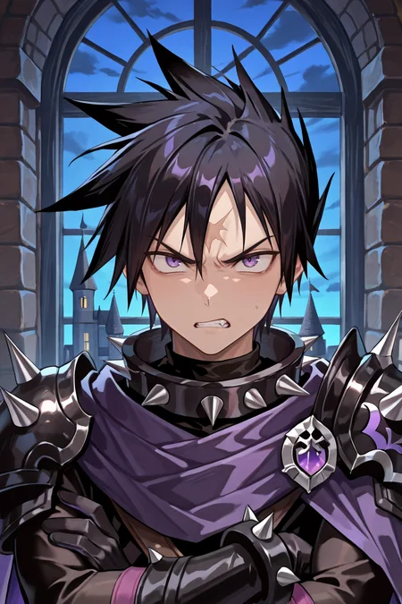masterpiece, very aesthetic, absurdres, best quality, amazing quality, high resolution, <lora:illustrious_quality_modifiers_masterpieces_v1:0.8> , <lora:ChamIllustriousBackgroundEnhancer:0.5>, <lora:LeonIL:0.8> , LeDef, 1boy, purple eyes, scar on forehead, spiked hair, black hair, spiked collar, spikes, spiked armor, shoulder spikes, armor, black armor, purple cape, black bodysuit, bodysuit under clothes, close-up, portrait, angry, night, castle, ramparts, window, medieval city, crossed arms,