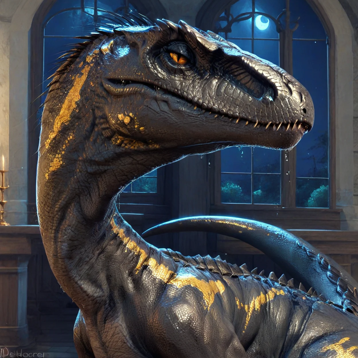 <lora:feralraptorxl:0.9>, feralraptorxl, source_furry_feral, solo, indoraptor (jurassic park), cowboy shot, beautiful, portrait, flat chest, curvy, wet, sweat, feminine, lizard tail, bedroom eyes, glistening, scales, seductive, black body with gold highlights, gold markings, flirtatious, realistic detailed skin, portrait, upper body, dynamic pose, dutch angle, fangs, face focus, mouth focus, looking at viewer, detailed scales, mansion interior background, marble, (at night, dark, dark atmosphere:1.7), at night, gothic, dim lighting, (large teeth)
score_9, score_8_up, score_7_up, <lora:add-detail-xl:1.4>, <lora:d4rk01lXLP:0.4>