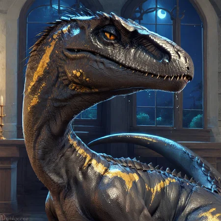 <lora:feralraptorxl:0.9>, feralraptorxl, source_furry_feral, solo, indoraptor (jurassic park), cowboy shot, beautiful, portrait, flat chest, curvy, wet, sweat, feminine, lizard tail, bedroom eyes, glistening, scales, seductive, black body with gold highlights, gold markings, flirtatious, realistic detailed skin, portrait, upper body, dynamic pose, dutch angle, fangs, face focus, mouth focus, looking at viewer, detailed scales,  mansion interior background, marble, (at night, dark, dark atmosphere:1.7), at night, gothic, dim lighting, (large teeth)
score_9, score_8_up, score_7_up,  <lora:add-detail-xl:1.4>,  <lora:d4rk01lXLP:0.4>