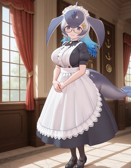 1girl, <lora:blue_whale_kf_ilxl_v1:1>, blue whale \(kemono friends\), whale girl, cetacean tail, tail, extra ears, fins, head fins, multicolored hair, two-tone hair, gradient hair, grey hair, white hair, blue hair, dark blue hair, long hair, hair between eyes, hairclip, hair ornament, anchor hair ornament, japari symbol, glasses, semi-rimless eyewear, blue eyes, large breasts, wide hips, thick thighs, curvy, mature female, bwkf3rd, maid, enmaided, maid day, maid apron, waist apron, white apron, maid headdress, puffy sleeves, puffy short sleeves, long dress, pantyhose, black pantyhose, mary janes, black footwear, tachi-e, full body, standing, blush, smile, looking at viewer, palace, window, curtains, dappled sunlight, indoors, <lora:StS_Age_Slider_Illustrious_v1_0:2>, masterpiece, best quality, very aesthetic, absurdres,