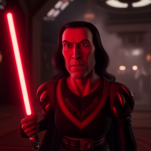 A realistic portrayal of Lord Farquaad wielding a menacing red lightsaber, standing in a dramatic, Sith-like pose. His face is intense, with a slight smirk of villainy, illuminated by the crimson glow of the saber. His iconic outfit is upgraded with dark, futuristic armor resembling Sith robes, complete with subtle details like glowing red accents. The background is a moody, industrial sci-fi setting with smoke and flickering lights, enhancing the ominous atmosphere