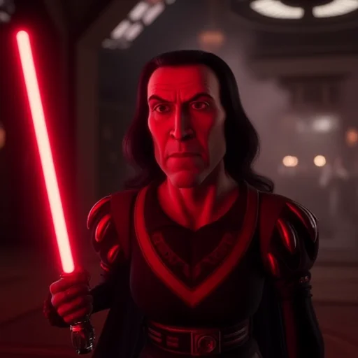 A realistic portrayal of Lord Farquaad wielding a menacing red lightsaber, standing in a dramatic, Sith-like pose. His face is intense, with a slight smirk of villainy, illuminated by the crimson glow of the saber. His iconic outfit is upgraded with dark, futuristic armor resembling Sith robes, complete with subtle details like glowing red accents. The background is a moody, industrial sci-fi setting with smoke and flickering lights, enhancing the ominous atmosphere