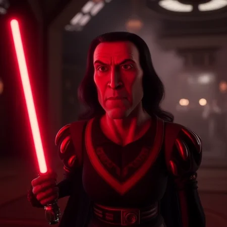 A realistic portrayal of Lord Farquaad wielding a menacing red lightsaber, standing in a dramatic, Sith-like pose. His face is intense, with a slight smirk of villainy, illuminated by the crimson glow of the saber. His iconic outfit is upgraded with dark, futuristic armor resembling Sith robes, complete with subtle details like glowing red accents. The background is a moody, industrial sci-fi setting with smoke and flickering lights, enhancing the ominous atmosphere
