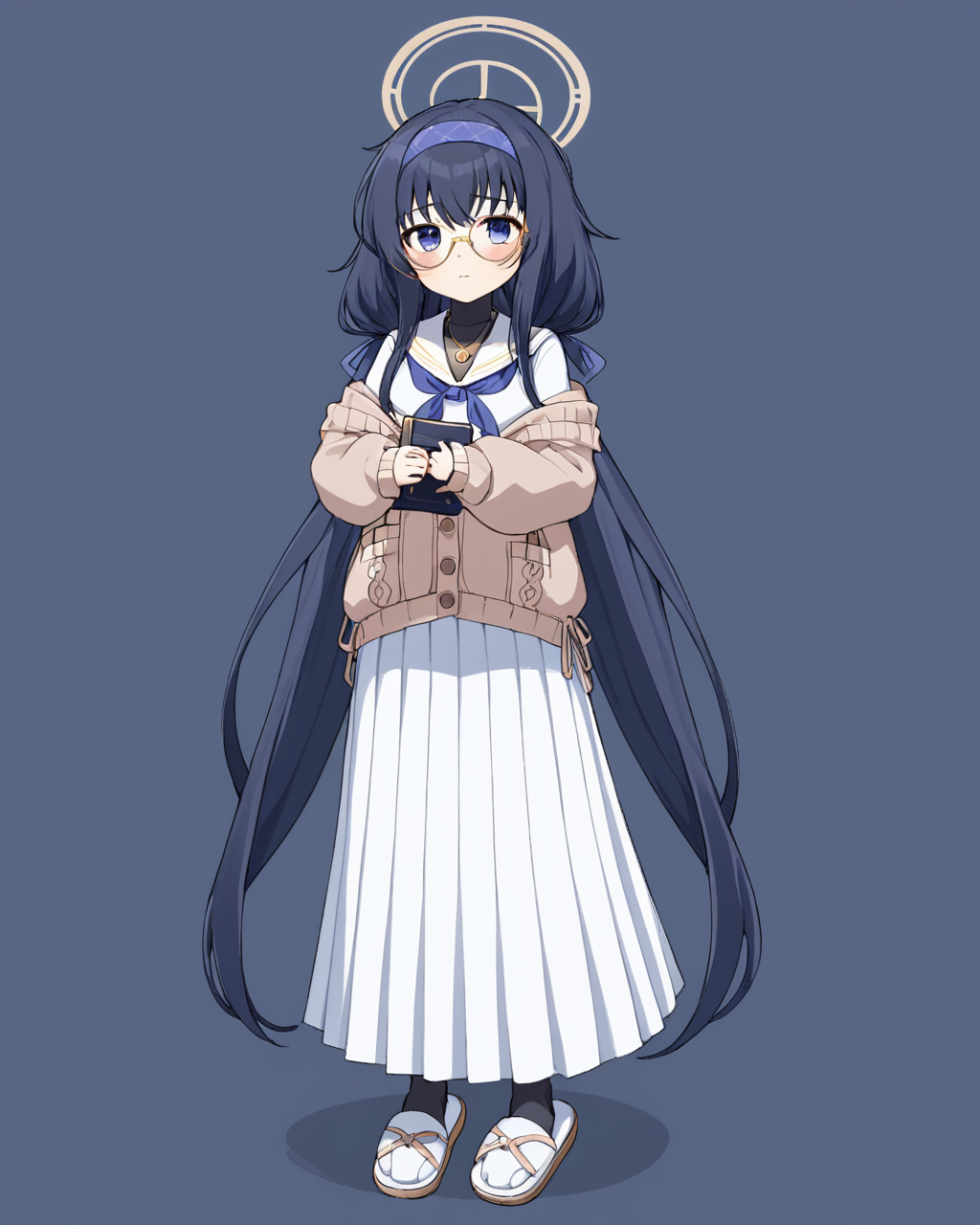 ui \(blue archive\),1girl, solo, slippers, holding_book, glasses, halo, long_skirt, cardigan, adjusting_eyewear, white_skirt, looking_at_viewer, eyewear_strap, full_body, pleated_skirt, round_eyewear, necklace, white_serafuku, white_sailor_collar, sweater, long_sleeves, blue_hairband, low_twintails, blush, blue_neckerchief, closed_mouth
<lora:ui_(blue_archive)_image2537_2023-11-28:1>halo. gorgeous,key visual, vibrant, studio anime,award-winning, professional, highly detailed,high budget, cinemascope