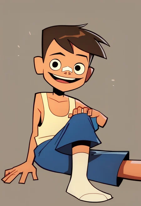 score_9, score_8_up, score_7_up BREAK LuckyLay, 1boy, brown hair, black eyes, nose bandage, white tank top, blue shorts with white stripe, white socks with red stripe, white-laced black snrakers, solo, solo focus, cartoon, source_cartoon, full body, smiling at viewer,
