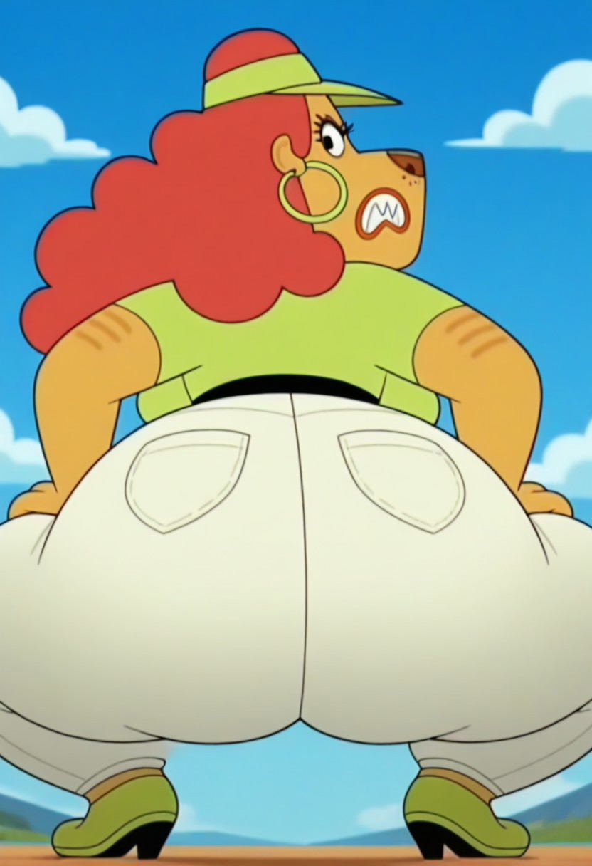 show accurate,1girl, cartoon style
perfect eyes,black dot eyes
muriel from furiki wheels,
hat,visor 
jewelry,red hair, hoop earrings,
, , ,clenched teeth , ,, , , ,, , 
squatting,ass view,back view
hyper ass,gigantic ass,round ass
large breasts, furry, female, , ,furry , ass,
huge thighs
,fat,breasts,
, standing, , ,
ass focus,close up,focus on ass
blue sky, , sky, , , cloud,  , , outdoors, , , solo,   , ,  ,looking at viewer,
hands on legs
best quality, highly detailed ,masterpiece, best quality, high quality,