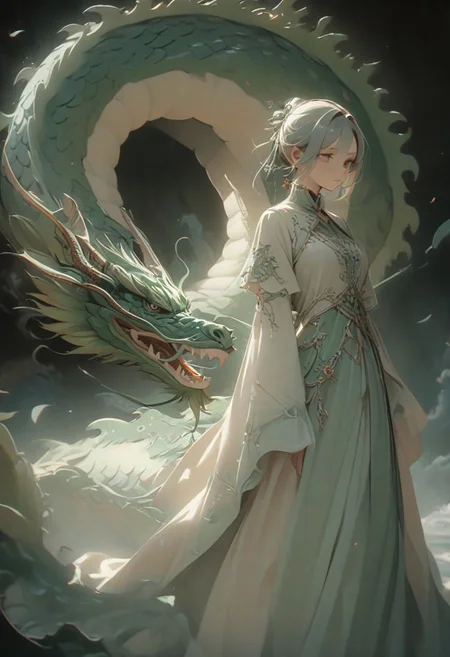((masterpiece, best quality, extremely detailed, absurdres)),(fantasic illustration, dynamic lighting), on the moon, 1girl, artistic use of contrasting colours and brightness, beautiful face, (guarded by Chinese dragon:1.2), the earth can be seen in the sky, fullbody, dress, <lora:flat2:-1.8>, 8k, very fine detail, cinematic composition and lighting