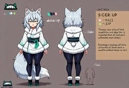 bbw,score_9,score_8_up,score_7_up,score_6_up, Expressiveh, ultra-detailed,masterpiece, best quality, good quality, newest,anime,highres,high detail,, 
long wide fox ears with fluff,massive fluffy fox tail,black fur, silver-blue hair,messy hair,lips,green eyes,(detailed eyes),dark eyelids,slanted eyes,, 
character profile, color guide,, 
fully clothed from the neck down,fur clothing,close-up,, 
<lora:Kevab:0.4>,jlullaby,shiny skin,<lora:Lunas-JLullaby-SDXL-A3:1>, mrscrambled,Greatestgori style, greatestgori style-pxl,worldbuilding