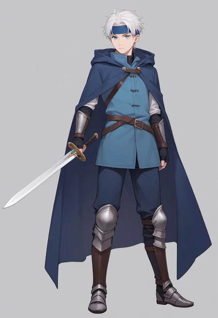score_9, score_8_up, score_7_up, source_cartoon, source_anime BREAK 1boy, solo, schezo, light blue white hair, short hair, blue eyes, blue headband, blue cape, blue long pants, knee armor, fingerless gloves, blue jacket, standing, holding weapon, sword, simple background