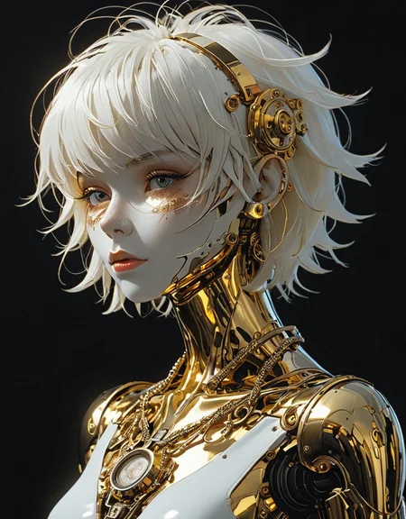 Manga style, detailed hyperrealism, full-body automaton (Jamie Hewlett, John Berkey), with short straight white hair, opal medallion, head tilted to one side, face hidden by hair, golden skin, very high contrast, lighting overhead, darkness, nudity, black background; 3D rendering, 4K <lora:Sinozick:1> <lora:epi_noiseoffset2:1>