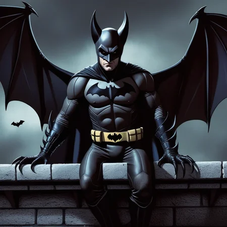 Dark Fantasy Art of <lora:comic book magazine:1>
a Man-Bat with bat claws and bat face and bat ears and bat wings standing on a ledge comic book magazine style, dark, moody, dark fantasy style