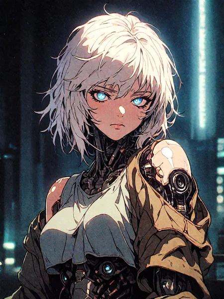 score_9, score_8_up, score_7_up, score_6_up, score_5_up, score_4_up,
BREAK
vintage, 1990s \(style\),
a gorgeous girl over a future cityscape, white hair, medium hair, depth of field, oversized shirt, off one shoulder, (shiny skin:1.4), cold lighting, detailed face, clear eyes, depth of field, messy hair, (intricate), shy, sky blue eyes, detailed eyes, detailed background, neon trim, neon lights,
<lora:OldAnimeStyle_XL_v3:0.5> <lora:RetroMangaV2PonyXL-000005:.8>
score_9, film grain, female focus, source_anime, solo, science fiction, mechanical parts, mechanical body, mechanical arms, cyborg, cyberpunk, looking at viewer, upper body, glowing
