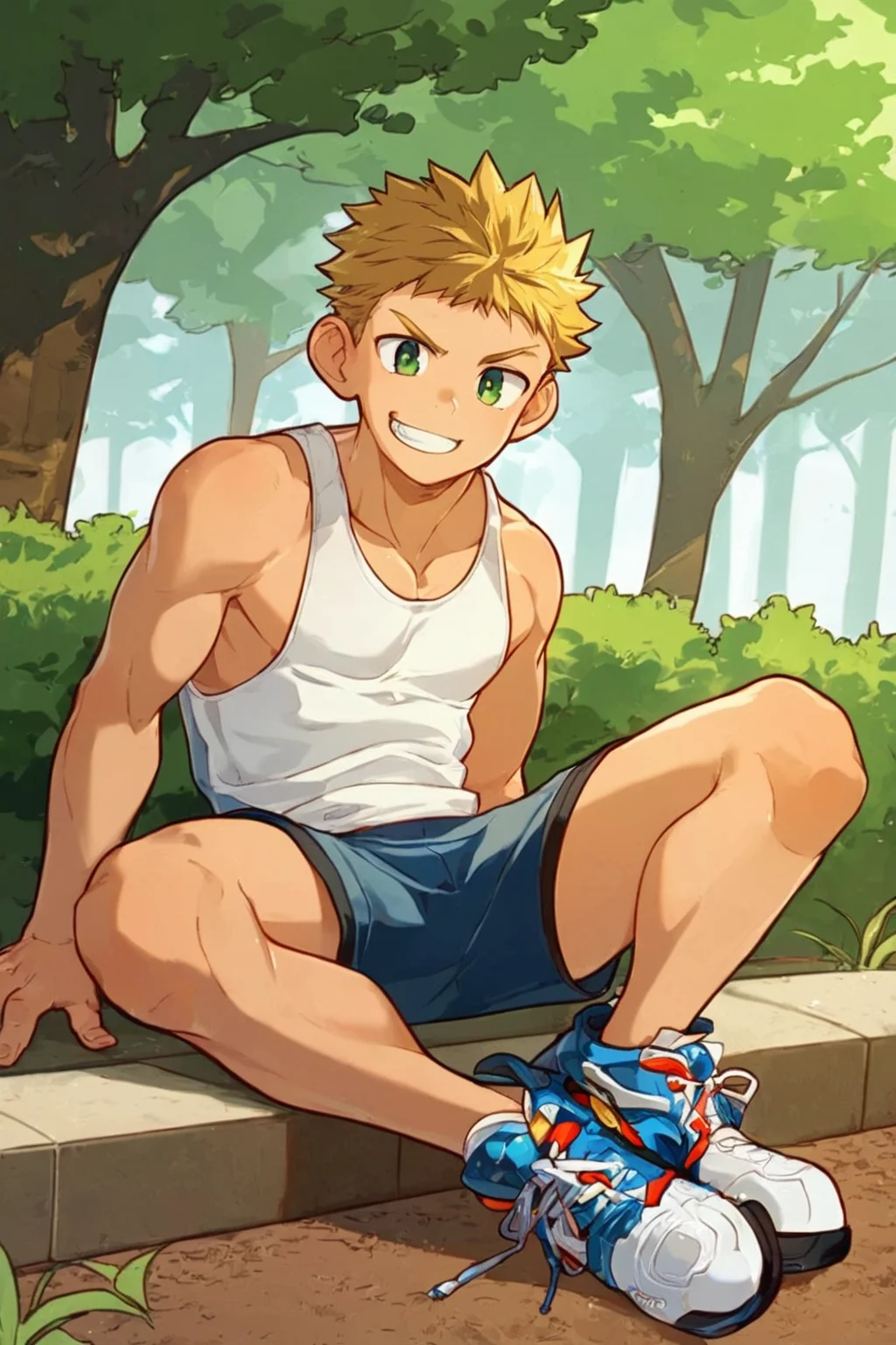 score_9, score_8_up, score_7_up, BREAK, 1boy, solo, <lora:AHR_Studio:0.8>, AHR style, solo, 1boy, toned, blonde hair, short hair, sideburns, green eyes, tank top, shorts, sneakers, sitting, grin, looking at viewer, park, <lora:Expressive_H:0.8>, Expressiveh,  <lora:PonyQuality_V3.3:0.8>,