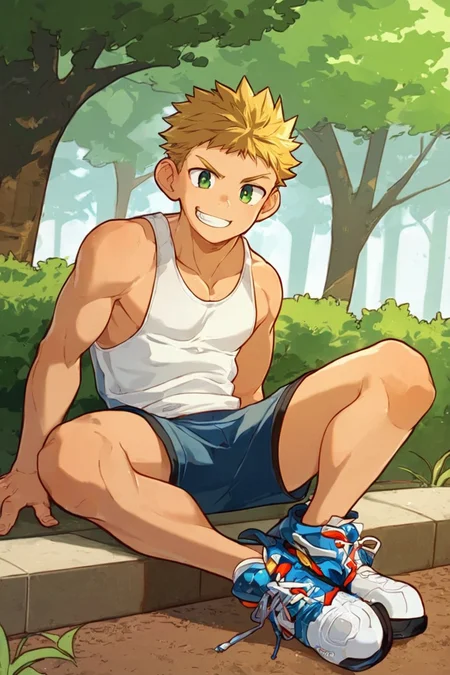 score_9, score_8_up, score_7_up, BREAK, 1boy, solo, <lora:AHR_Studio:0.8>, AHR style, solo, 1boy, toned, blonde hair, short hair, sideburns, green eyes, tank top, shorts, sneakers, sitting, grin, looking at viewer, park, <lora:Expressive_H:0.8>, Expressiveh, <lora:PonyQuality_V3.3:0.8>,