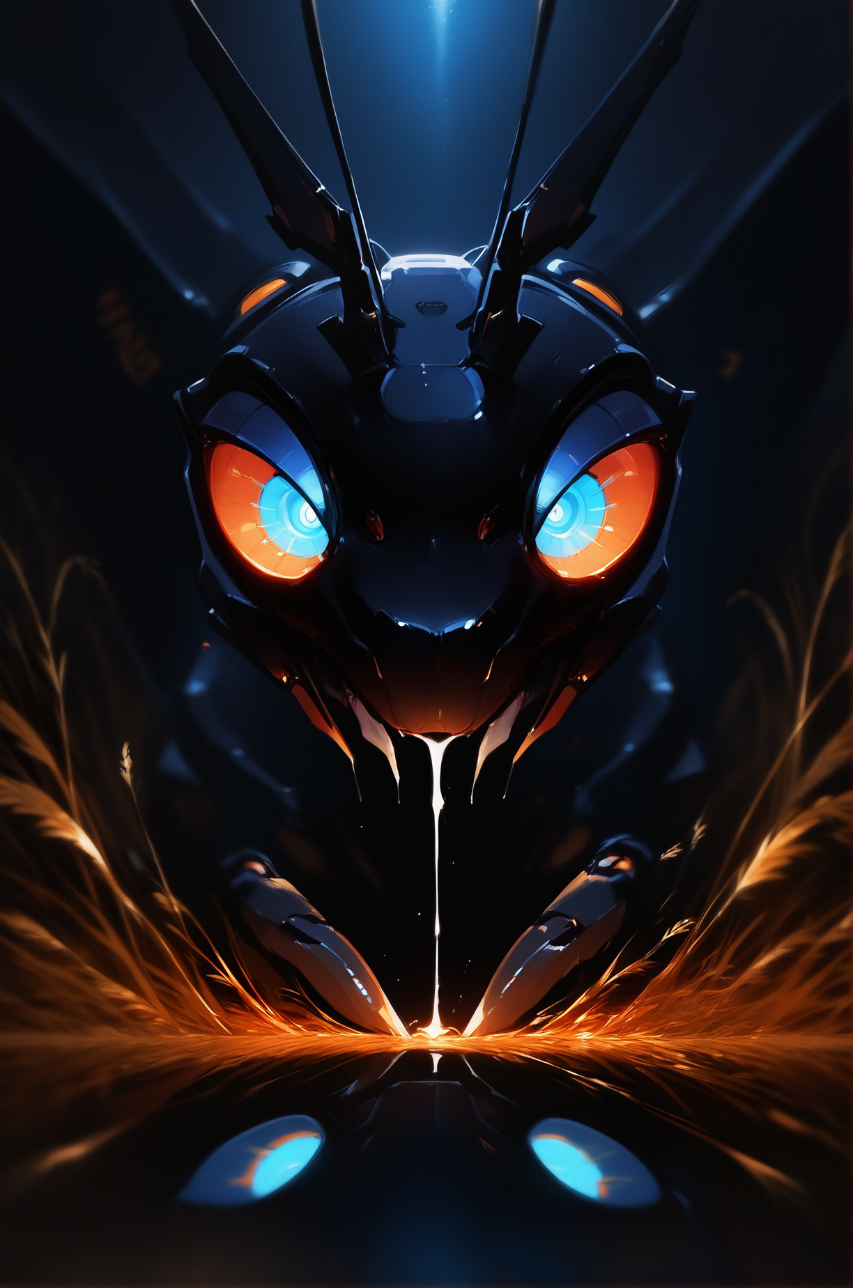 no humans, praying mantis, animal focus, general, dark night, wheat field, close-up, (silhouette:1.3), shiny, mechanical wings, robot joints, looking at viewer, orange sclera, blue eyes, glowing eyes, screen light, mechanical eyes, saliva trail, dark, cyberpunk, reflective water, reflection, solo, moonlight, radio antenna, antennae, wind, depth of field, masterpiece, best quality, very awa, newest, <lora:ponyv5_noobV065S_1_adamW-000013:1.00>