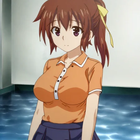 <lora:Sohara_pony_v1:1>SoharaOrangeShirt, brown hair, skirt, ponytail, 1girl, large breasts, long hair, hair ribbon, brown eyes, cowboy shot