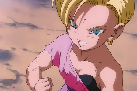 source_anime, score_9, score_8_up, score_7_up, anime screencap, high quality,
android 18, dragon ball gt, 1990s \(style\), anime coloring, retro artstyle, 1girl, solo, smile, blue eyes, blonde hair, gold earrings, grin, clenched hand, black bra, strapless bra, dirty clothes, eyelashes, collarbone, dirty, dirty face, clenched teeth, looking at another, pink shirt, purple pants, from above, short sleeves, torn shirt, single bare shoulder, v-shaped eyebrows, v-shaped eyes <lora:c18_pony:0.8>