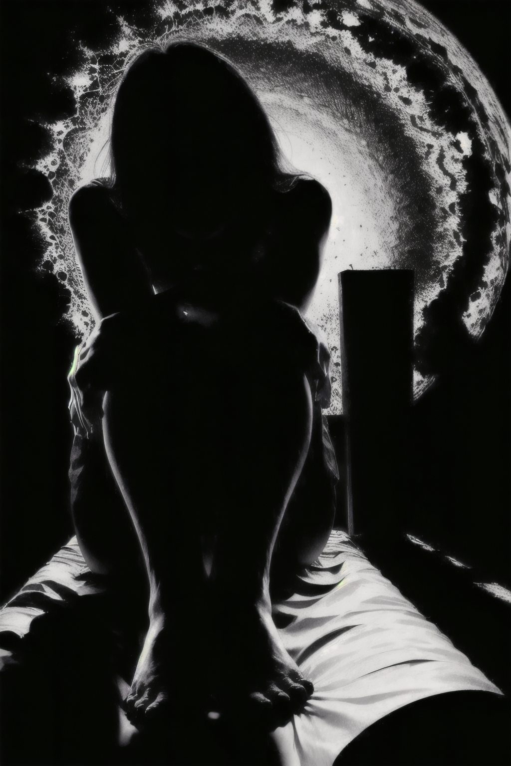 (Realisitc:1.5) (view from top) EdobShadow a woman in the dark, Sitting on a bench with one leg bent and foot on seat, (black background:1.3) <lora:EdobShadow_v1.0:1>