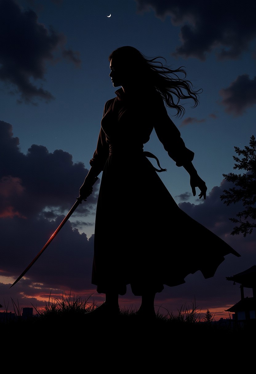 Stunning illustration of Japanese female ninja, silhouetted against the night sky, chiascuro, directional lighting, very dark