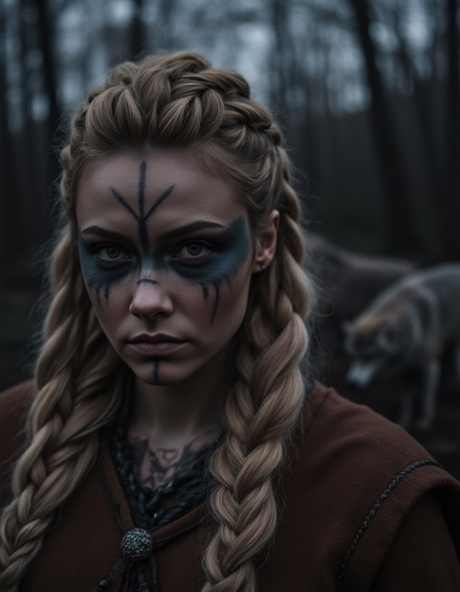 a woman  viking female with braided hair, and war paint in her face, stand in a dusk wood, with some wolfs arounf her <lora:Female_Vikings_Hairstyle:1> v1k1ng2, braids, viking, face