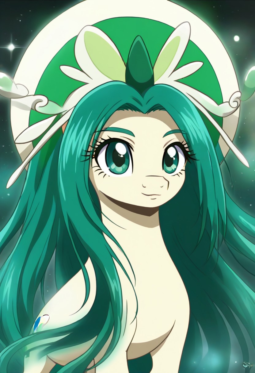detailed background, green hair,, shiny skin,green eyes,<lora:curemint.pony:1>, curemint, solo,