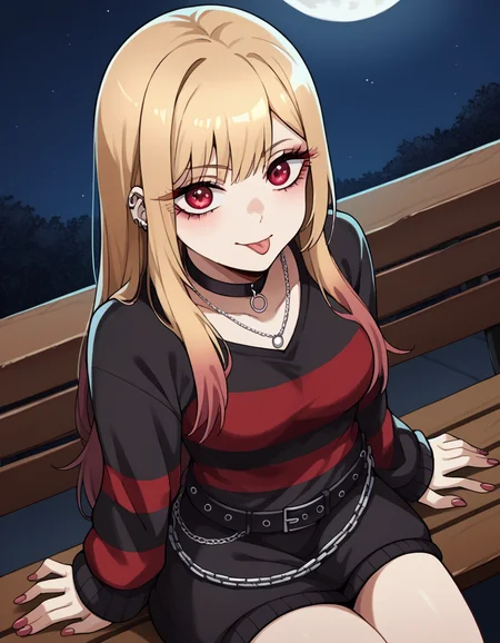 score_9, score_8_up, score_7_up, source_anime, marinkitagawa, <lora:marin-kitagawa-ponyxl-lora-nochekaiser:1>, marin kitagawa, long hair, bangs, blonde hair, red eyes, multicolored hair, medium breasts,, <lora:emo-fashion-ponyxl-lora-nochekaiser:1>, emo fashion, torn sweater, two-tone sweater, sweater under shirt, striped sweater, lace-trimmed choker, belt chain, red sweater, black sweater, goth fashion, street, night, moon, sitting, bench, from above, tongue out, cowboy shot, looking at viewer