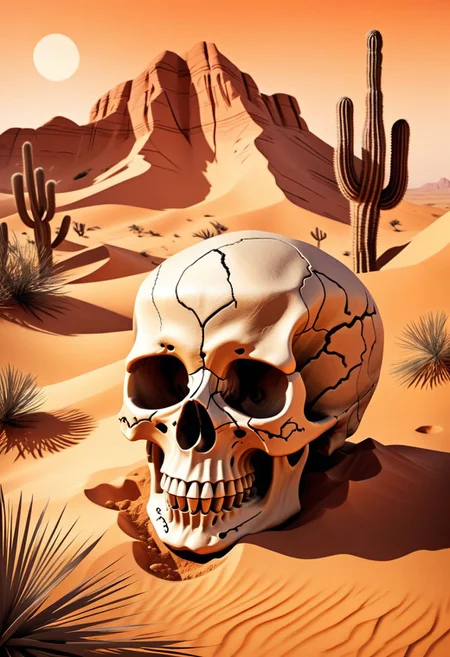 Award winning illustration of a skull in a desert