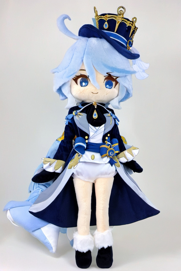 stuffed-toy,1girl,furina,full body,solo,blue_headwear,looking_at_viewer,white_background,open_mouth,blush,simple_background,tears,hands_on_hips,long_sleeves,blue_jacket,tearing_up,white_gloves,top_hat,ascot,short_hair,white_shirt,flying_sweatdrops,brooch,black_gloves,<lora:stuffed-toy_XL:1.5>,<lora:furina_SDXL:1>,