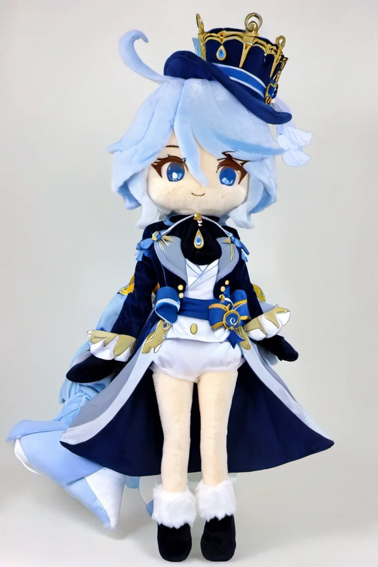 stuffed-toy,1girl,furina,full body,solo,blue_headwear,looking_at_viewer,white_background,open_mouth,blush,simple_background,tears,hands_on_hips,long_sleeves,blue_jacket,tearing_up,white_gloves,top_hat,ascot,short_hair,white_shirt,flying_sweatdrops,brooch,black_gloves,<lora:stuffed-toy_XL:1.5>,<lora:furina_SDXL:1>,