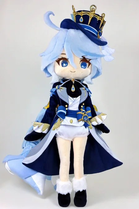 stuffed-toy,1girl,furina,full body,solo,blue_headwear,looking_at_viewer,white_background,open_mouth,blush,simple_background,tears,hands_on_hips,long_sleeves,blue_jacket,tearing_up,white_gloves,top_hat,ascot,short_hair,white_shirt,flying_sweatdrops,brooch,black_gloves,<lora:stuffed-toy_XL:1.5>,<lora:furina_SDXL:1>,