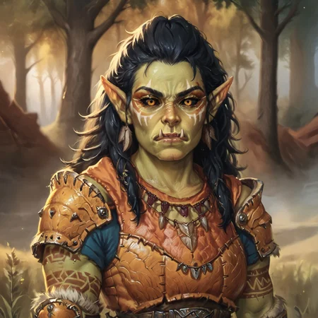 (((beautiful, high quality))), upper Body, score_9, score_8_up, score_7_up, valeria, Orc, fangs, pointed ears, black sclera, 1girl, green skin, amber eyes, amber eyes, fur trim, fur armor, looking at the viewer, dynamic pose, blurred background, in the style of jeff-easley, oil painting, realistic, black hair, short sleeves, serious look, tribal tattoos, (orange armor:1.2), muscular, defined fangs,