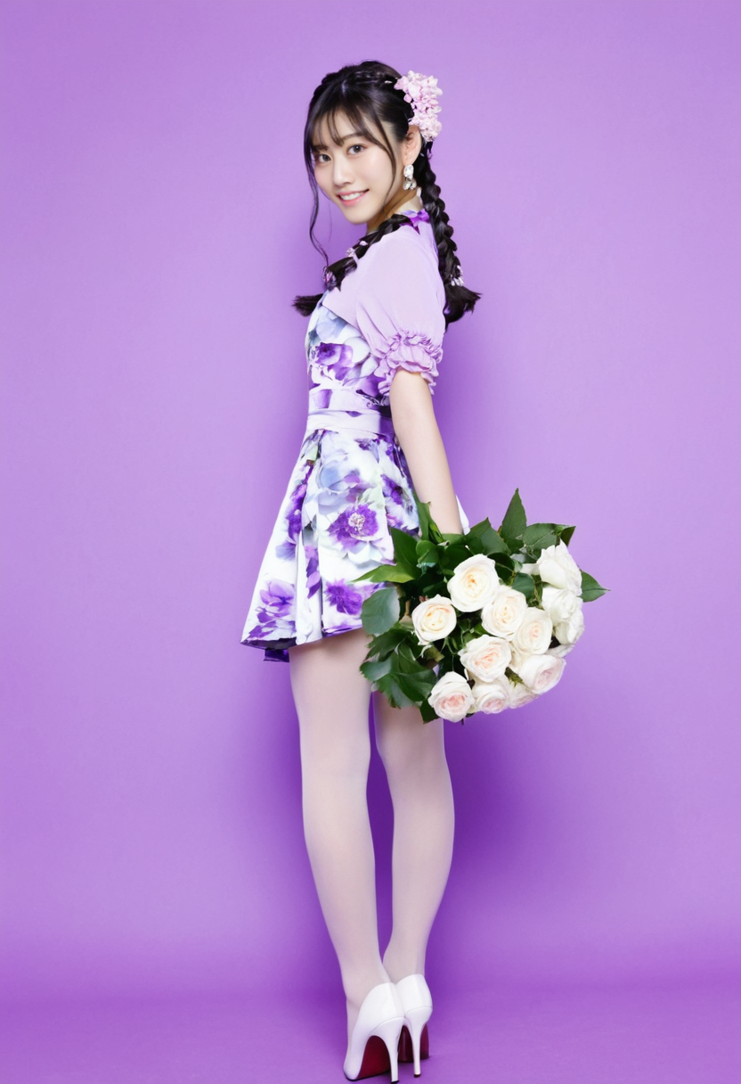 from front,RAW,a photo of a japanese woman named pornmaster saika, face, solo, black hair, flower, bouquet, high heels, holding, smile, looking at viewer, full body, standing, pink background, braid, holding bouquet, simple background, white flower, dress, shorts, pantyhose, long hair, short sleeves, parted lips, hair ornament, shadow, purple background, looking back, purple flower, jewelry, bangs, earrings, white rose, pink theme,
highly detailed HDR photograph,masterpiece,best quality,<lora:PornMaster-Japanese babe-sdxl-V1-lora:0.7>