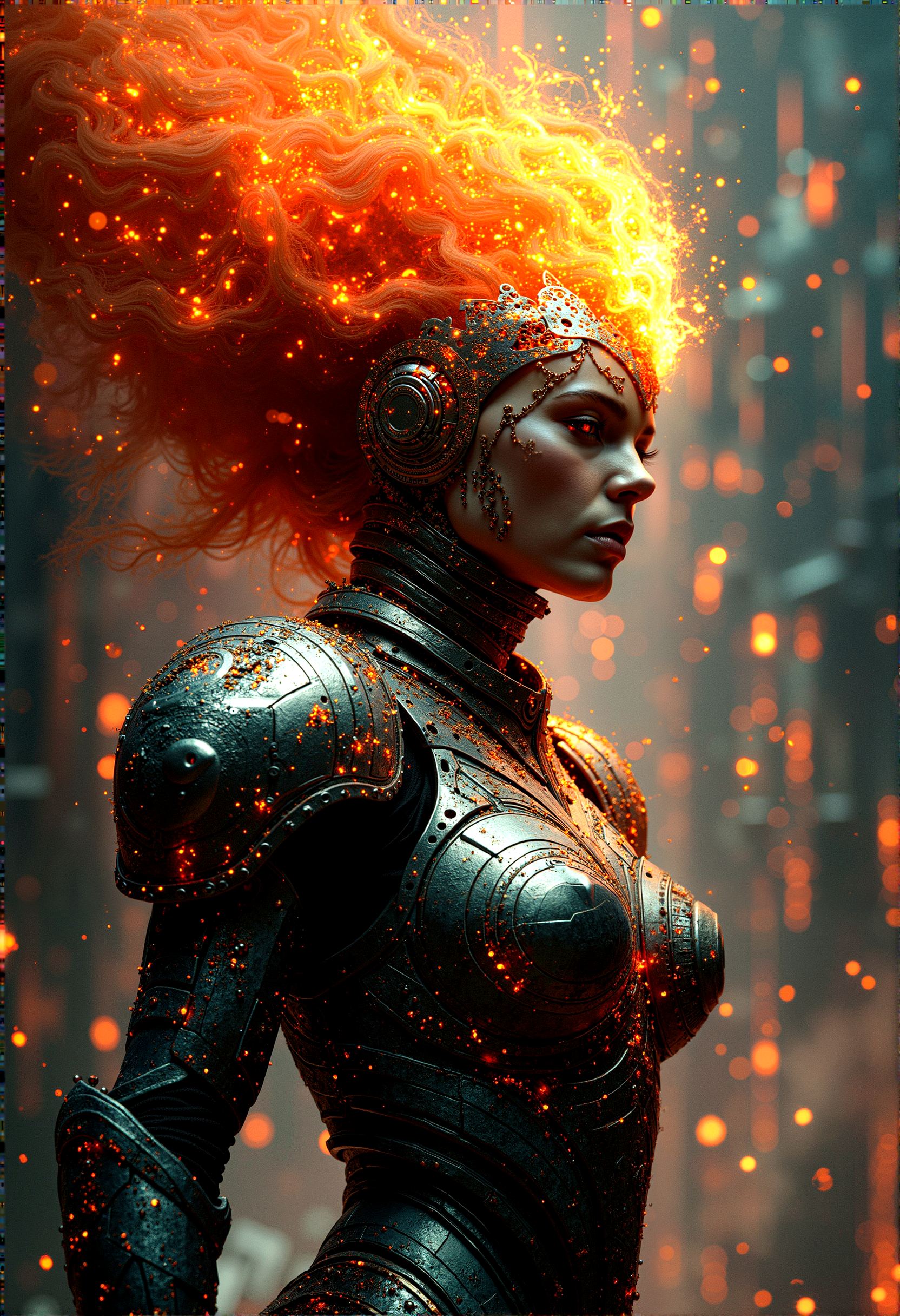 photorealistic image of a warrior queen with fire-infused armor, her hair blazing like a crown, in a digital fortress with intricate circuit patterns and neon lights, combining elements of fantasy and futuristic technology, glowing circuitry and fire reflections, ultra-detailed textures, dramatic lighting, next-gen graphics, high-definition, complex composition, cinematic
 



 














