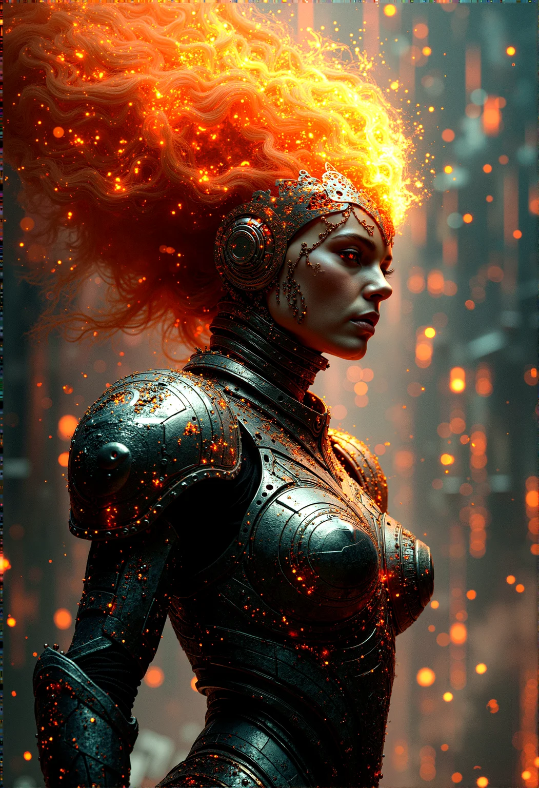 photorealistic image of a warrior queen with fire-infused armor, her hair blazing like a crown, in a digital fortress with intricate circuit patterns and neon lights, combining elements of fantasy and futuristic technology, glowing circuitry and fire reflections, ultra-detailed textures, dramatic lighting, next-gen graphics, high-definition, complex composition, cinematic