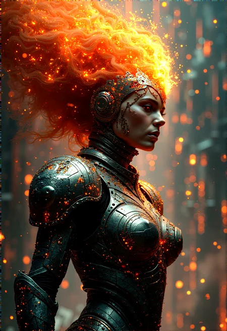 photorealistic image of a warrior queen with fire-infused armor, her hair blazing like a crown, in a digital fortress with intricate circuit patterns and neon lights, combining elements of fantasy and futuristic technology, glowing circuitry and fire reflections, ultra-detailed textures, dramatic lighting, next-gen graphics, high-definition, complex composition, cinematic